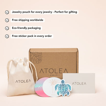 ATOLEA Schmuckverpackung, umweltfreundlich, Geschenkbeutel, Aufkleber, Versand weltweit.