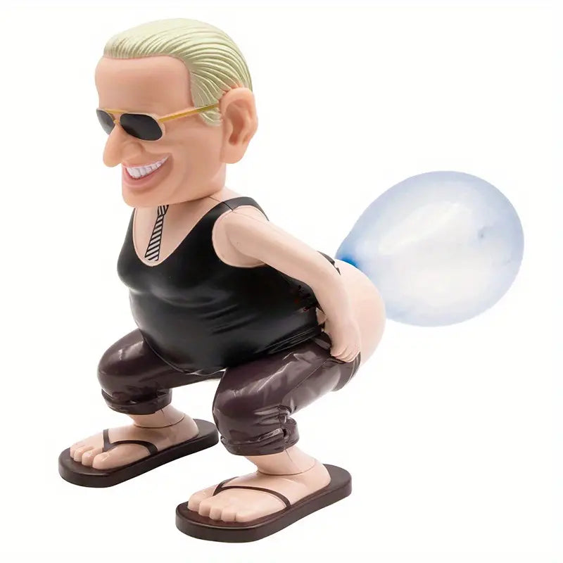 Karikaturfigur mit Sonnenbrille, schwarzem Tanktop, braunen Hosen, Luftballon am Rücken.