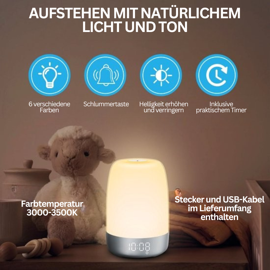 Wake-up Light Aurora, dimmbar, 6 Farben, Timer, USB, ideal für sanftes Aufwachen, Schlafzimmer.