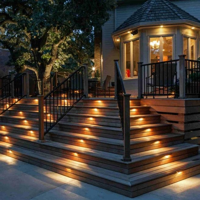 Beleuchtete Holzterrasse mit Stufen, LED-Lichtern, schwarzem Geländer, abends, Haus im Hintergrund.