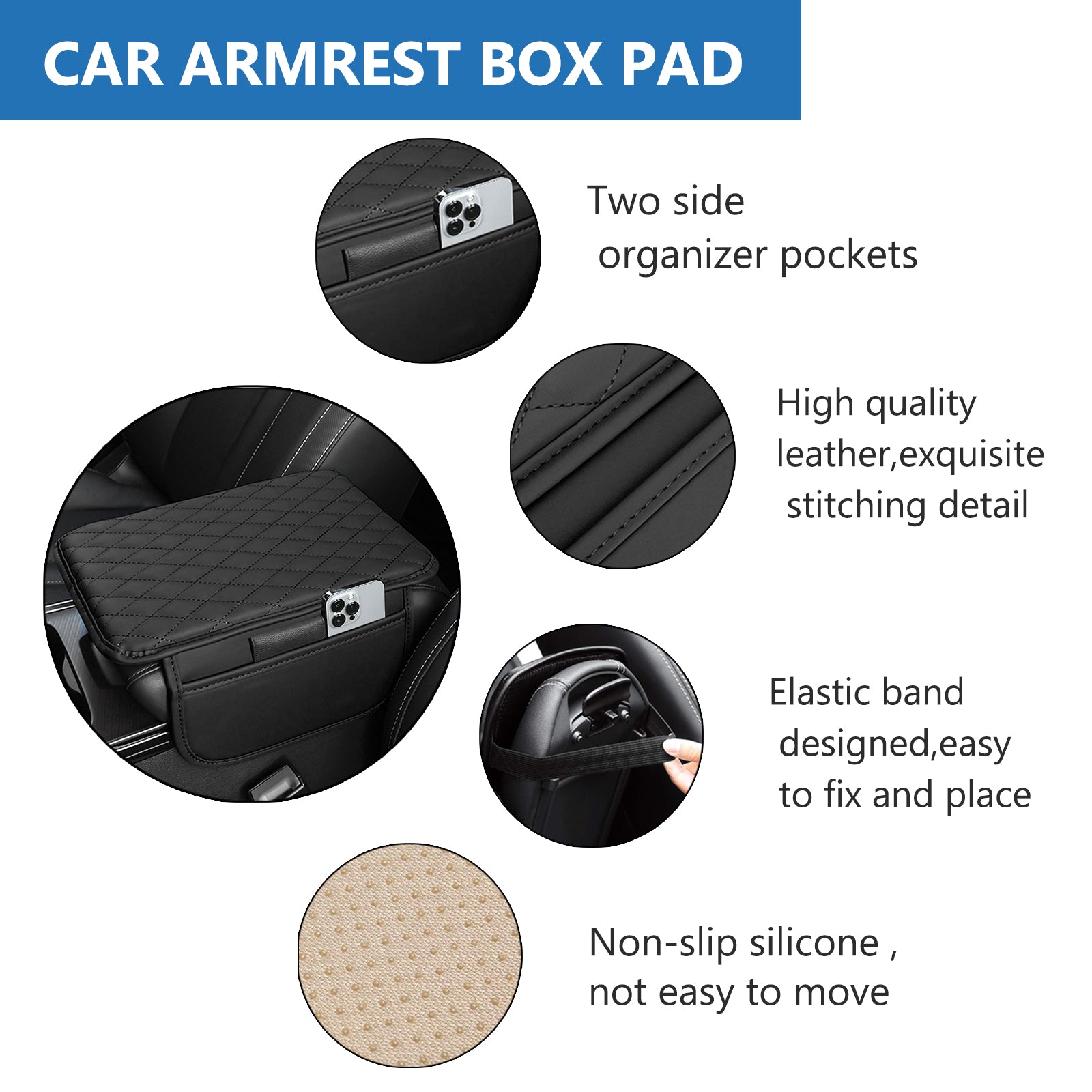 Schwarze Auto-Armlehnenbox aus Leder mit Seitentaschen und rutschfester Silikonunterlage.