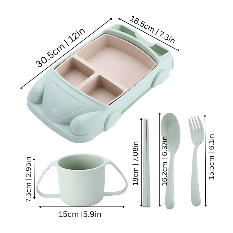 Autoform Teller Set für Kinder, grün, BPA-frei, mit Besteck und Tasse, 30,5 cm x 18,5 cm