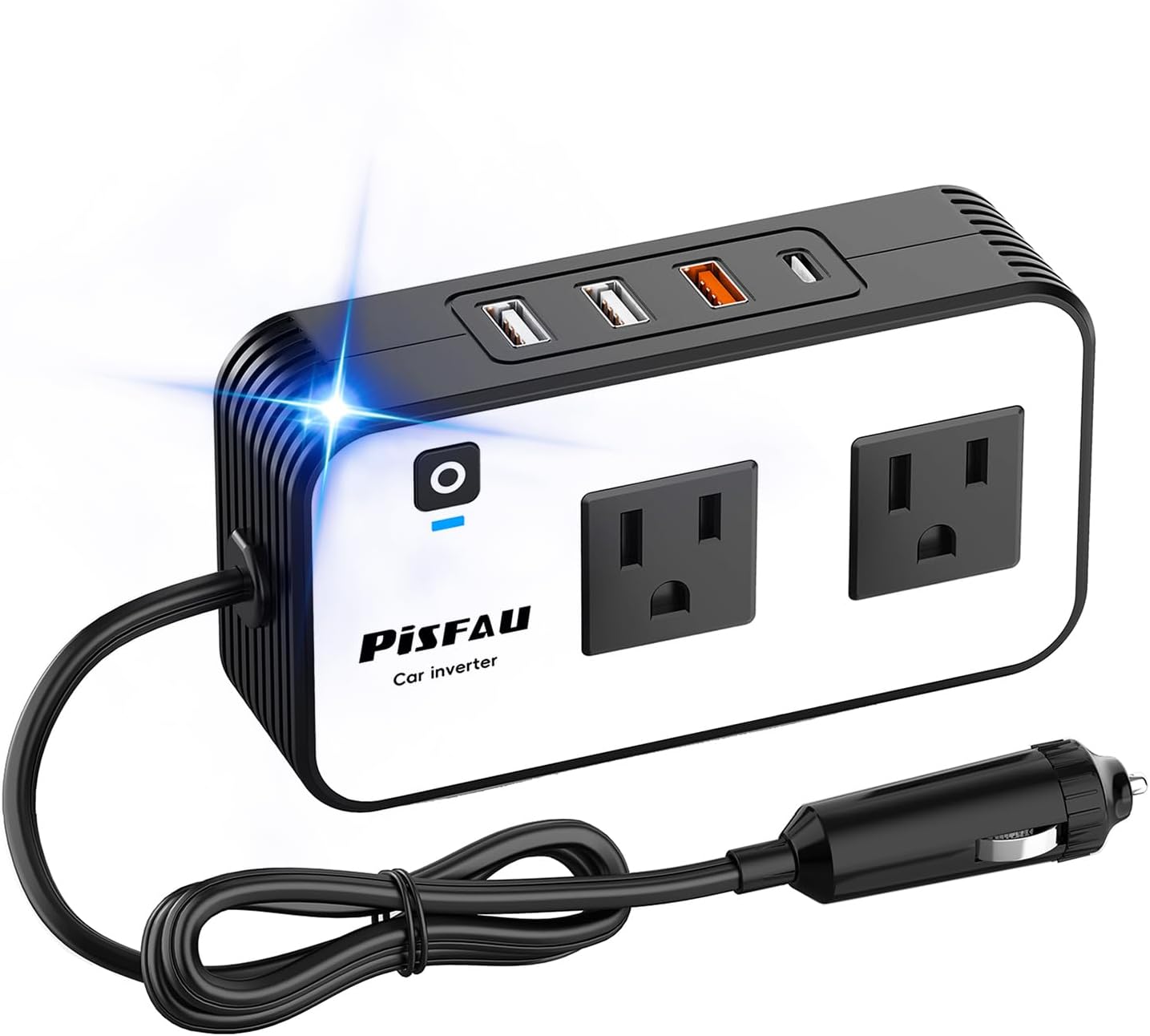Schwarz-weißer Auto-Wechselrichter mit USB-Anschlüssen und Steckdosen, tragbar, 12V Adapter.