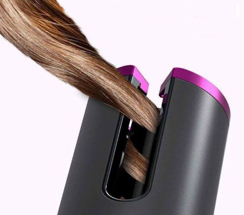 Automatischer Haarkurler, kabellos, schwarz, lila Akzente, LCD-Display, Keramik, Haarstyling.