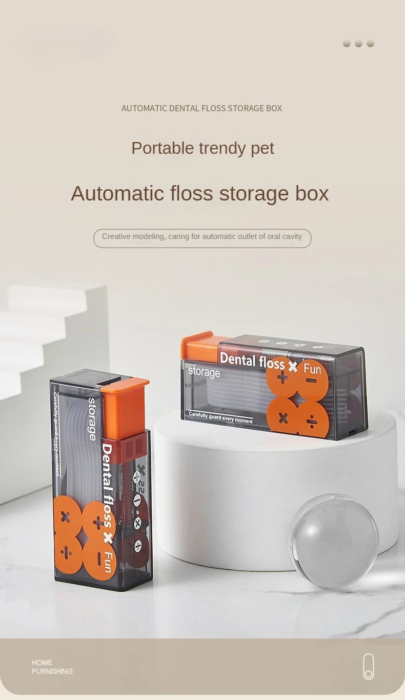 Automatische Zahnseidebox, transparent, orange, tragbar, modernes Design, Zahnpflege.