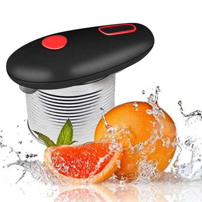 Elektrischer Dosenöffner, schwarz-rot, batteriebetrieben, für Küche, automatische Bedienung.