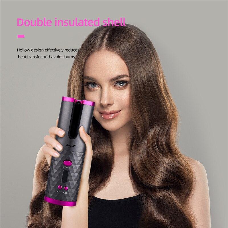 Kabelloser automatischer Lockenstab, schwarz-pink, doppelt isoliert, für schnelles Haarstyling.