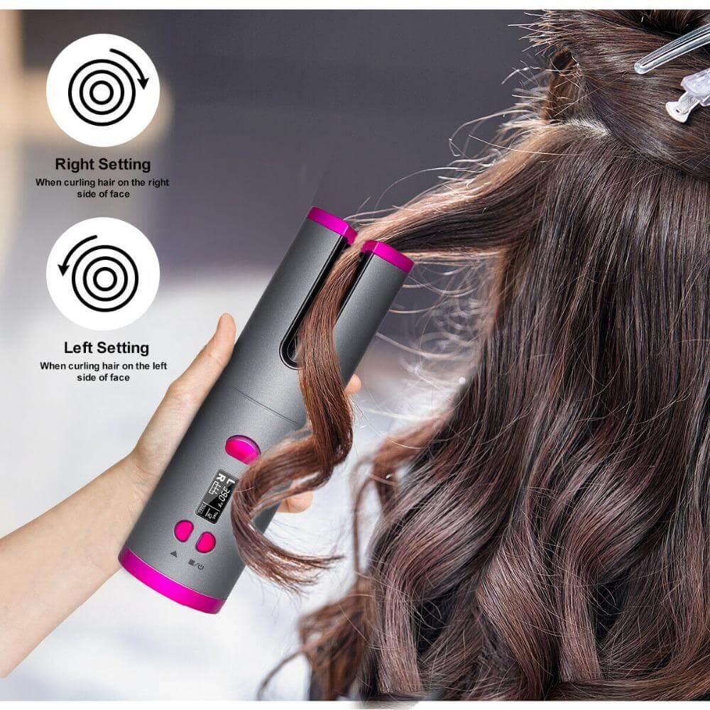 Automatischer Lockenstab, kabellos, grau-pink, Haarstyling, LCD-Display, einfach zu bedienen.