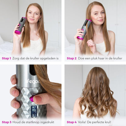 Frau mit kabellosem Lockenstab, silber-pink, für perfekte Locken, Haarstyling, tragbar.
