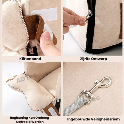Beige Hundesitz mit Sicherheitsgurt, Reißverschluss, Klettverschluss, verstellbare Rückenlehne.