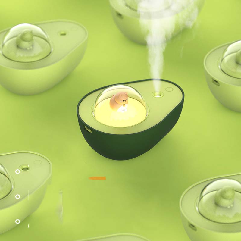 Avocado Mini Luftbefeuchter, grün, tragbar, USB-betrieben, mit LED-Licht, für Zuhause oder Büro.