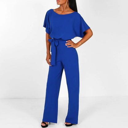 Blaue Damen-Jumpsuit mit Gürtel, elegantes Design, Kurzarm, modische Damenbekleidung.