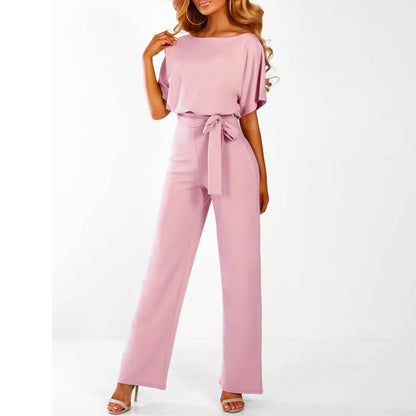 Eleganter rosa Damen-Jumpsuit mit Gürtel, Kurzarm, modisch, bequem, ideal für Sommer.