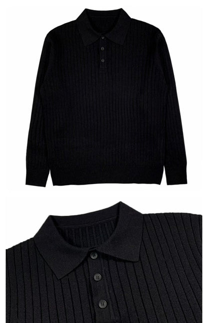 Schwarzer Strickpullover mit Kragen, Langarm, Knopfleiste, Herrenmode, elegant, Baumwolle.
