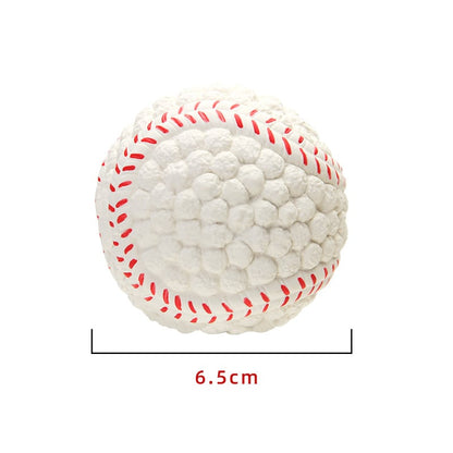 Weißer Hundespielzeugball, 6,5 cm, mit rotem Nahtmuster, aus Gummi, für Haustiere.