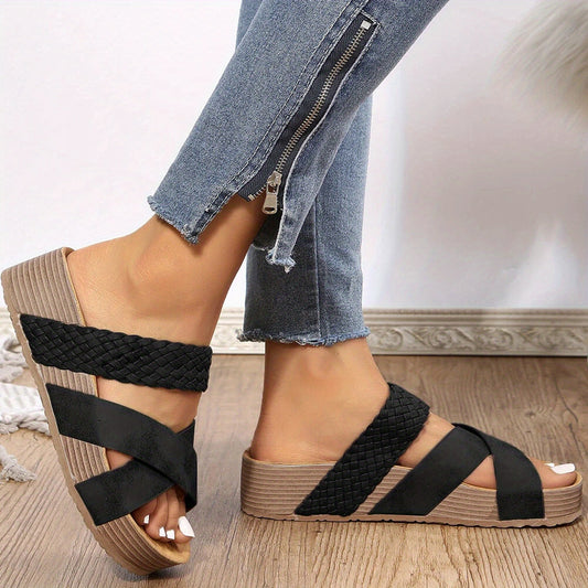 Damen Sandalen Keilabsatz, schwarz, geflochten, bequem, Sommermode, Jeans, Reißverschluss.