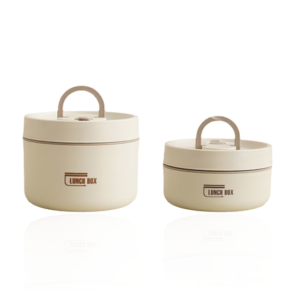 Beige runde Lunchboxen aus Kunststoff mit Griff, stapelbar, ideal für Mahlzeiten unterwegs.