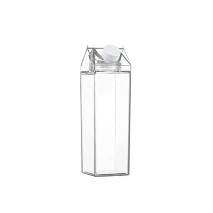 Transparente Trinkflasche in Kartonform, Kunststoff, mit weißem Schraubverschluss, 500ml.
