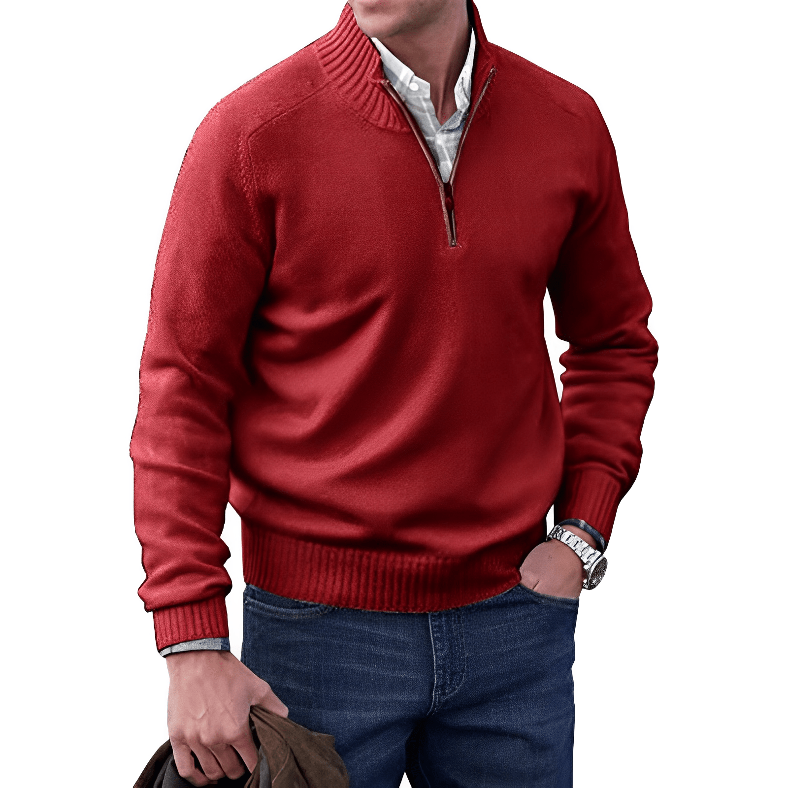 Roter Herrenpullover mit Reißverschluss, Baumwolle, lässig, modisch, Herbstmode.
