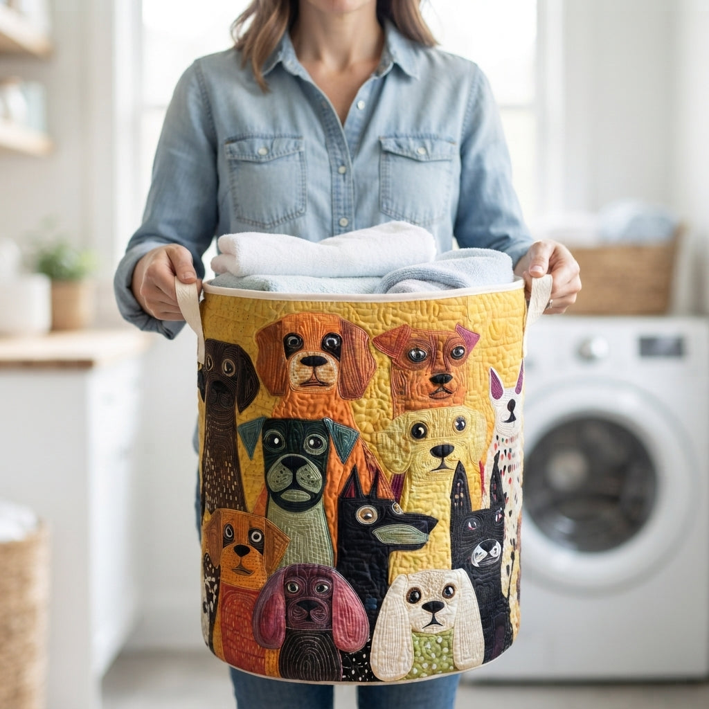 Kvinna i jeansskjorta håller korgen med hundmotiv i handtagen, fylld med vikta handdukar, framför en tvättmaskin. 4