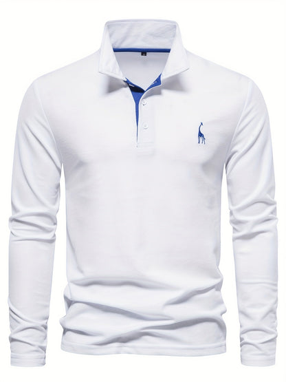 Weißes Herren-Poloshirt, langärmelig, Baumwolle, klassischer Kragen, elegantes Design.