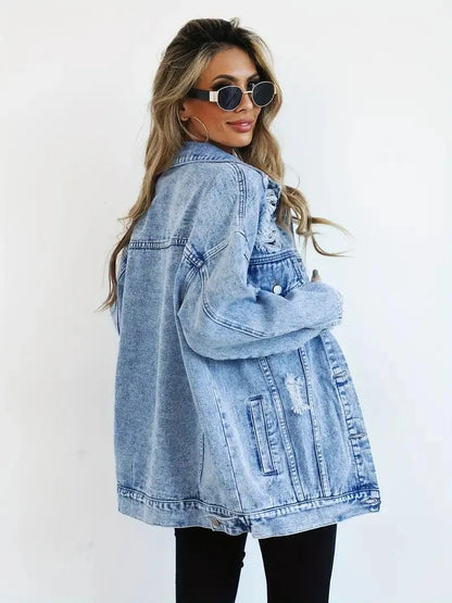 Vattentålig & Fodrad Oversized Dam Jeansjacka med Huva – Höstunderverk Talia