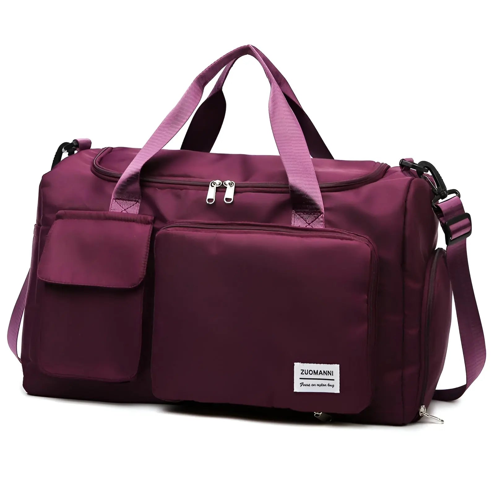 Lila Reisetasche aus Nylon mit mehreren Fächern und verstellbarem Schultergurt.