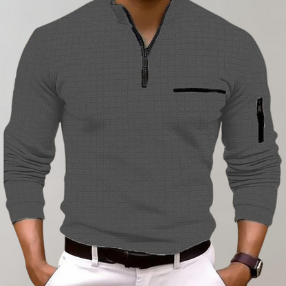 Graues Herren-Poloshirt mit Reißverschluss, Langarm, Baumwolle, modisch, elegant.