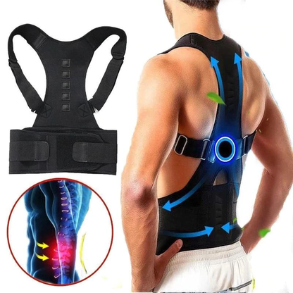 Schwarze Rückenstütze für Haltungskorrektur, verstellbar, ergonomisch, für Männer und Frauen.