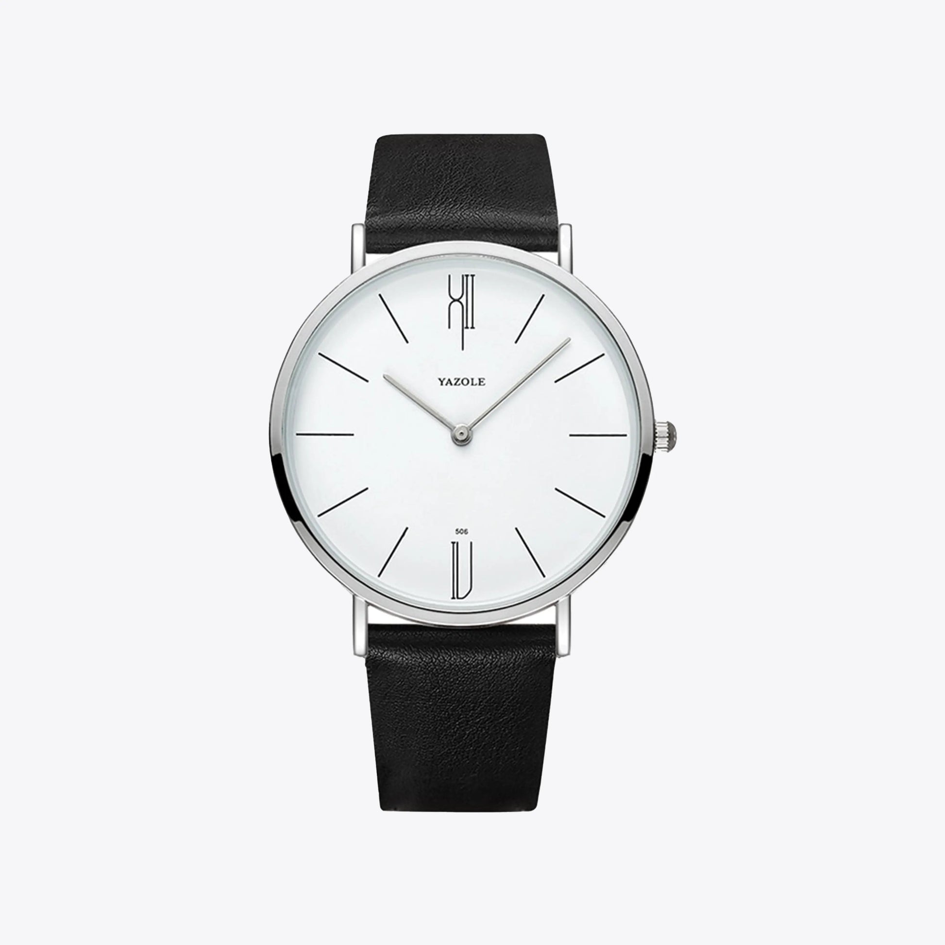 Schwarze Lederarmbanduhr mit weißem Zifferblatt, minimalistisches Design, Herrenuhr.