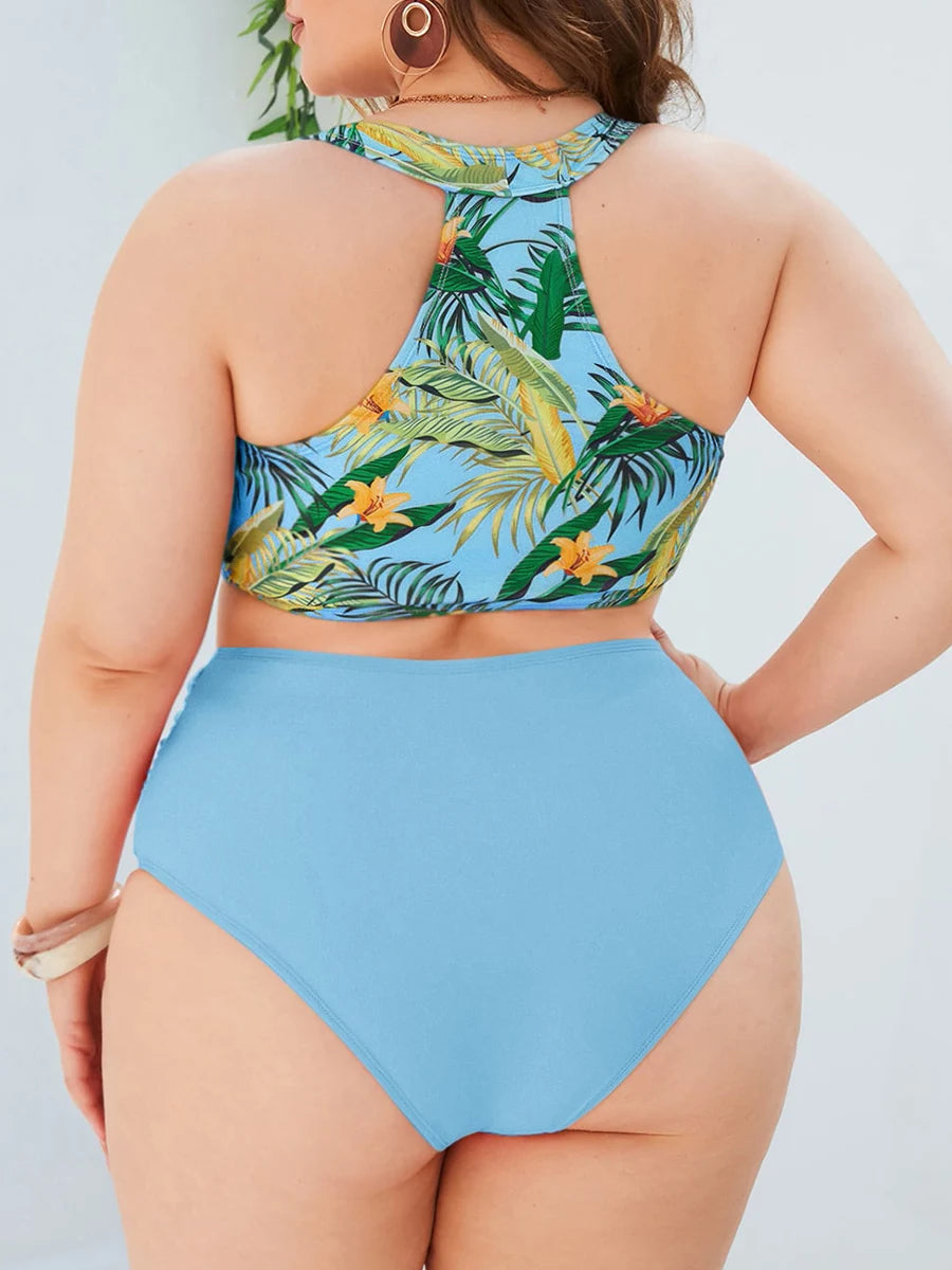 Plus-Size Bikini-Set, tropisches Muster, blau, Damen-Bademode, Sommer, Strandmode.