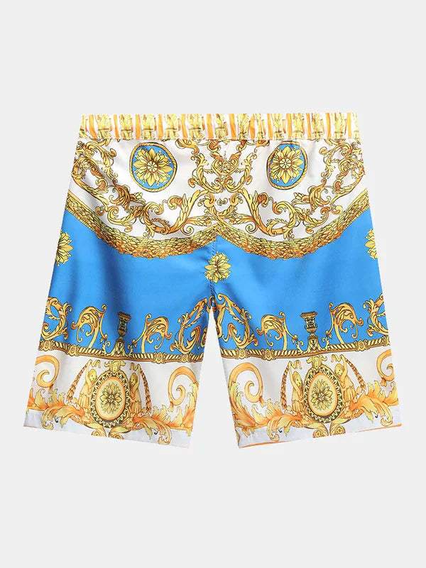Bunte Herren-Badeshorts mit barockem Muster, blau-gold, Sommermode, Strandbekleidung.