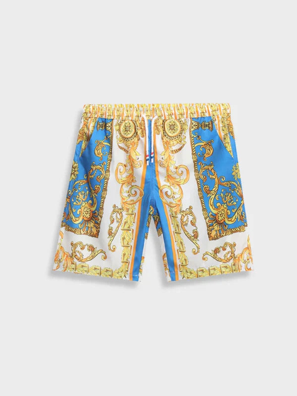 Bunte Herren-Badeshorts mit barockem Muster, blau-gold, elastischer Bund, Sommermode.