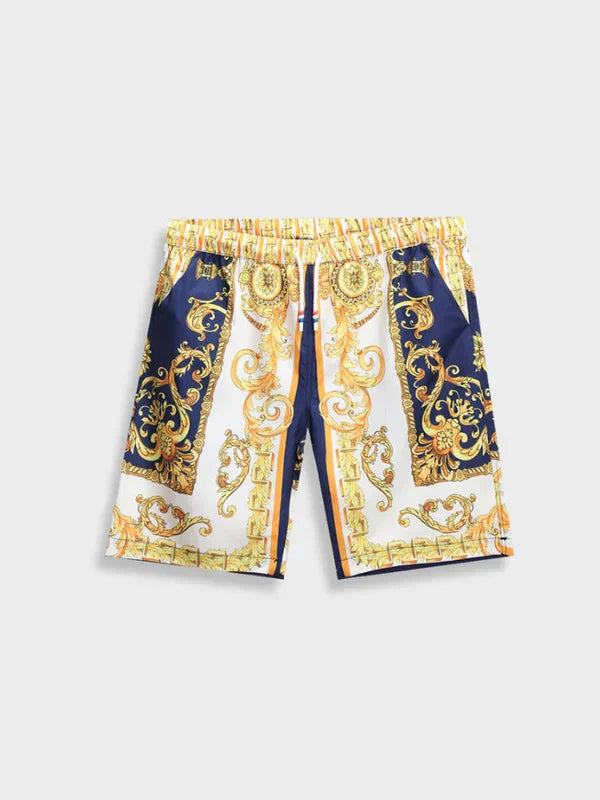 Bunte Herren-Badeshorts mit barockem Muster, elastischem Bund, blau-gold-weiß, Sommermode.