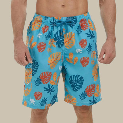 Blaue Badeshorts mit buntem Blattmuster, Herrenmode, Sommerbekleidung, Strandkleidung.