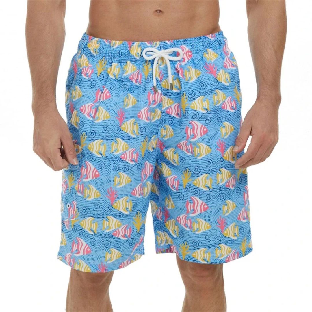 Bunte Herren-Badeshorts mit Fischmuster, blau, elastischer Bund, Kordelzug.