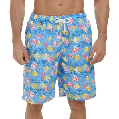 Bunte Herren-Badeshorts mit Fischmuster, blau, elastischer Bund, Kordelzug.
