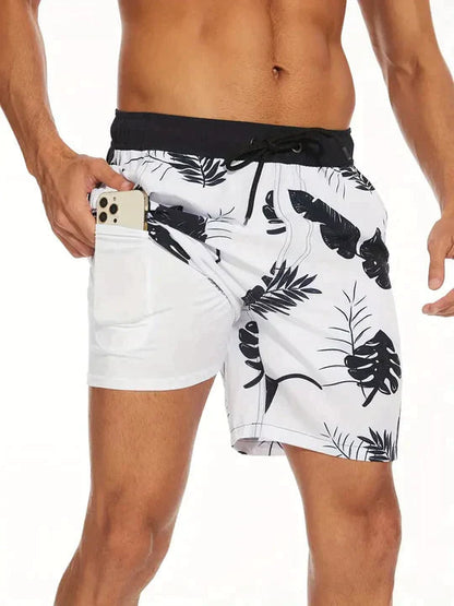 Herren Badeshorts weiß mit schwarzen Palmenblättern, elastischer Bund, Seitentasche, Sommermode.