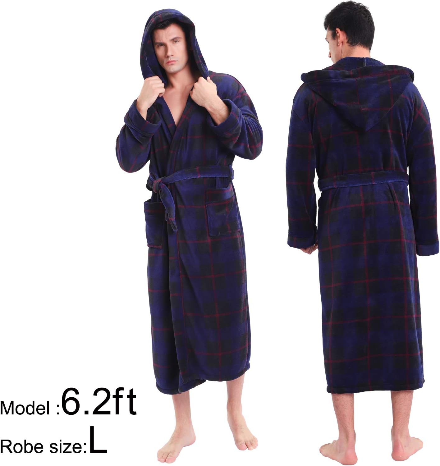 Männer Bademantel mit Kapuze, kariert, blau, Fleece, Größe L, gemütlich und warm.