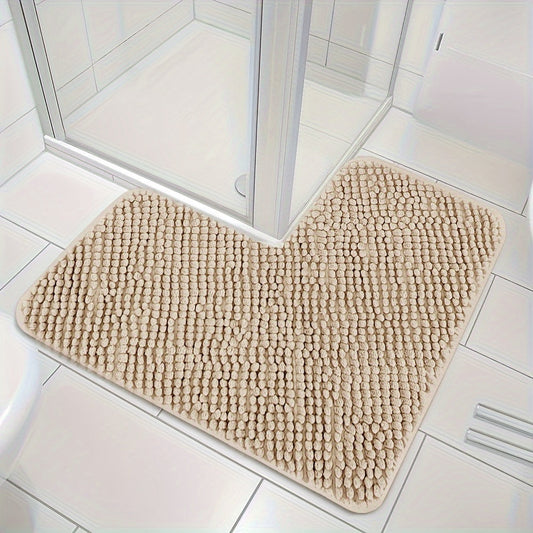 Beige L-förmiger Duschvorleger, rutschfest, saugfähig, Badezimmerteppich, Mikrofaser.
