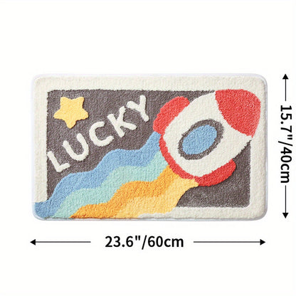 Bunter Teppich mit Raketenmotiv, "Lucky"-Schriftzug, 60x40 cm, Kinderzimmer-Dekoration.