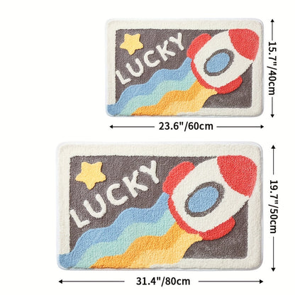 Bunter Teppich mit Raketenmotiv, Schriftzug "LUCKY", 60x40cm, 80x50cm, Kinderzimmer Deko.