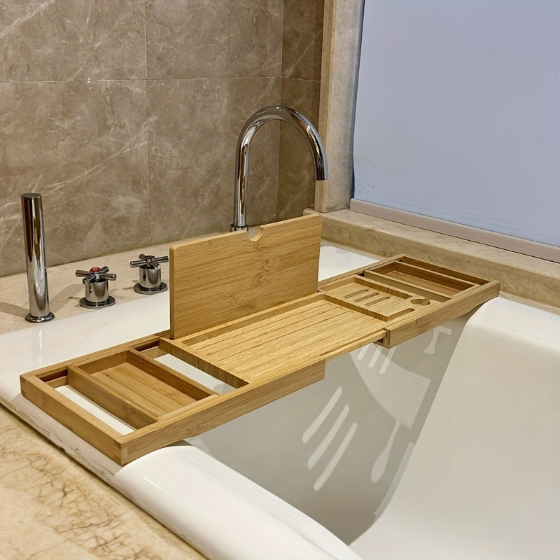 Bambus Badewannenablage, ausziehbar, mit Buchhalter, Naturholz, Badezimmer-Organizer.