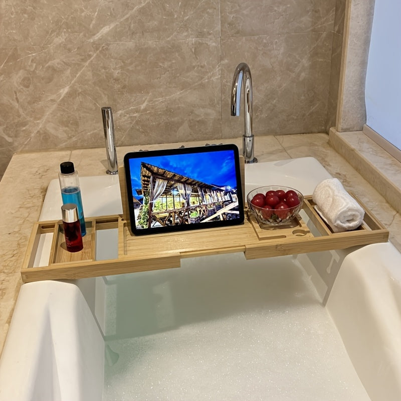 Bambus-Badewannenablage mit Tablet-Halter, Seifen- und Weinglashalter, ideal für Entspannung.