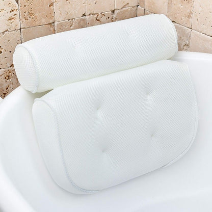 Weiße Badewannenkissen, ergonomisch, rutschfest, für Nacken- und Rückenunterstützung.