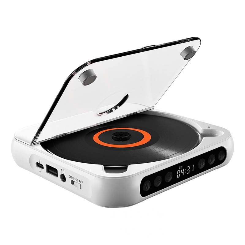 Vit CD-spelare med öppet lock och orange skivcentrum, sedd snett framifrån på vit bakgrund med portar och knappar. 16