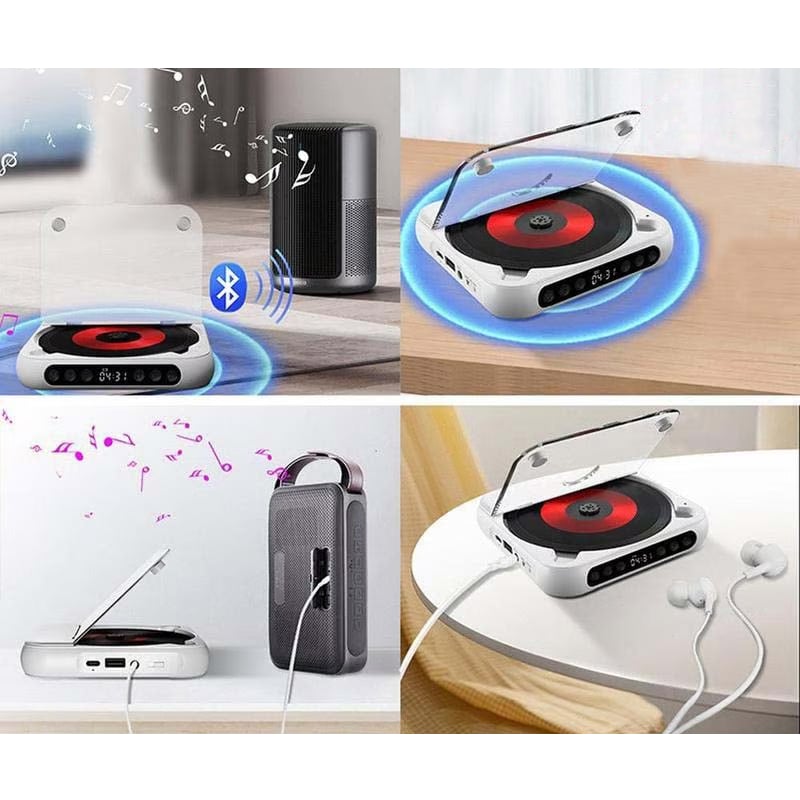 Fyra små bilder som visar CD-spelaren ansluten trådlöst via Bluetooth till högtalare och använd med kabel och öronsnäckor. 2