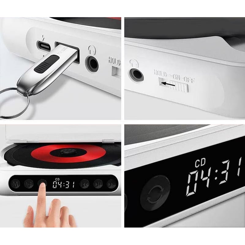 Fyra närbilder av anslutningar och knappar: USB-minne i uttaget, hörlursuttag med strömbrytare, tryckknappar och klockdisplayen. 3