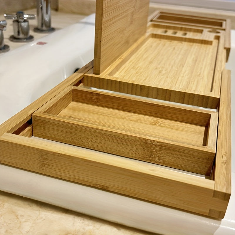 Bambus-Badewannenablage, verstellbar, mit Buchhalter und Tablet-Ständer, naturfarben.