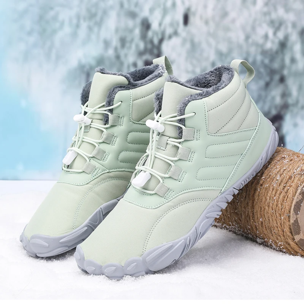 Grüne Barfuß-Winterstiefel, wasserdicht, rutschfest, mit Fellfutter, für Schnee.